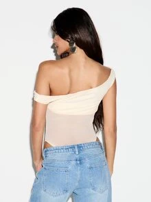 KIZN Bodysuit jala satu bahu dengan detail leher berkerut dan kawat penyangga, sempurna untuk acara malam dan pesta musim panas. - Aprikot - View 2