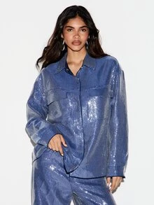KIZN Sequin Oversized Collared Button-Up Shirt With Long Sleeves And Chest Pockets Holiday Party Festive Sparkle Top - Blue - View 1