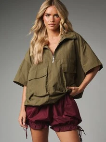 MISSGUIDED Oversized Half-Zip Nylon Jacket With Stand Collar And Dual Patch Pockets Relaxed Fit Spring Summer Outerwear - Army Green - View 5