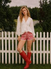 Zerodot Women Red & White Gingham Checkered Micro Shorts With Contrast Lace Trim Casual Shorts Party Going Out - Red - View 7