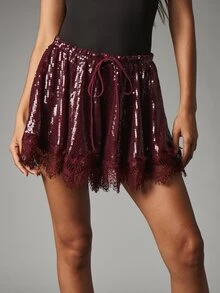 MISSGUIDED Sequin Mini Skirt With Lace Trim And Drawstring Waist Party Holiday Festive Season Flared Skirt - Burgundy - View 2