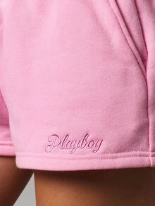Missguided x Playboy Celana Pendek Mini dengan Logo Bordir, Pinggang Elastis Bertali, Saku Samping, Pakaian Santai Kasual Musim Panas, Bahan Fleece - Berwarna merah muda - View 5