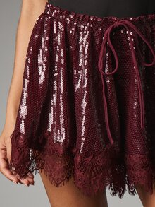 MISSGUIDED Sequin Mini Skirt With Lace Trim And Drawstring Waist Party Holiday Festive Season Flared Skirt - Burgundy - View 5