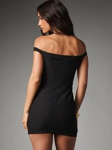 MISSGUIDED Off-Shoulder Mini Bodycon Dress With 3D Rosette Floral Applique And Asymmetric Draped Hem Detail Party Evening Occasion - Black - View 2