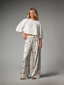 MISSGUIDED Oversized Crop Tee And Wide Leg Bear Print Pajama Pants Co-Ord Set Crew Neck 3/4 Sleeve Loungewear Two-Piece - White - View 1