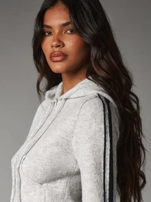 MISSGUIDED Cropped Zip-Up Knit Hoodie With Contrast Side Stripe Detail And Drawstring Hood Ribbed Hem Cozy Winter Essential - Light Grey - View 2
