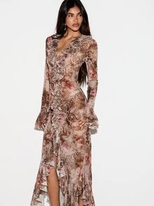 KIZN Chiffon Maxi Dress With Deep V-Neck Bell Sleeves Ruffle Trim Mixed Animal Floral Print Mermaid Silhouette Party Evening Holiday - Beige - View 2