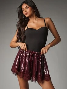 MISSGUIDED Sequin Mini Skirt With Lace Trim And Drawstring Waist Party Holiday Festive Season Flared Skirt - Burgundy - View 1