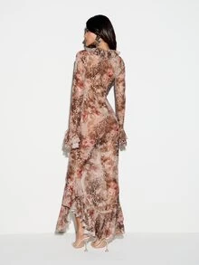 KIZN Chiffon Maxi Dress With Deep V-Neck Bell Sleeves Ruffle Trim Mixed Animal Floral Print Mermaid Silhouette Party Evening Holiday - Beige - View 3