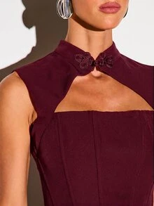 KIZN Mandarin Collar Corset Crop Top With Chinese Frog Button Cut Out Detail And Lace Up Back Closure Party Night Out - Burgundy - View 2