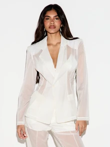 KIZN Sheer Organza Single Button Blazer Jacket With Lapel Collar Welt Pockets Long Sleeves Hip Length Semi-Transparent Summer Evening Outerwear - White - View 1