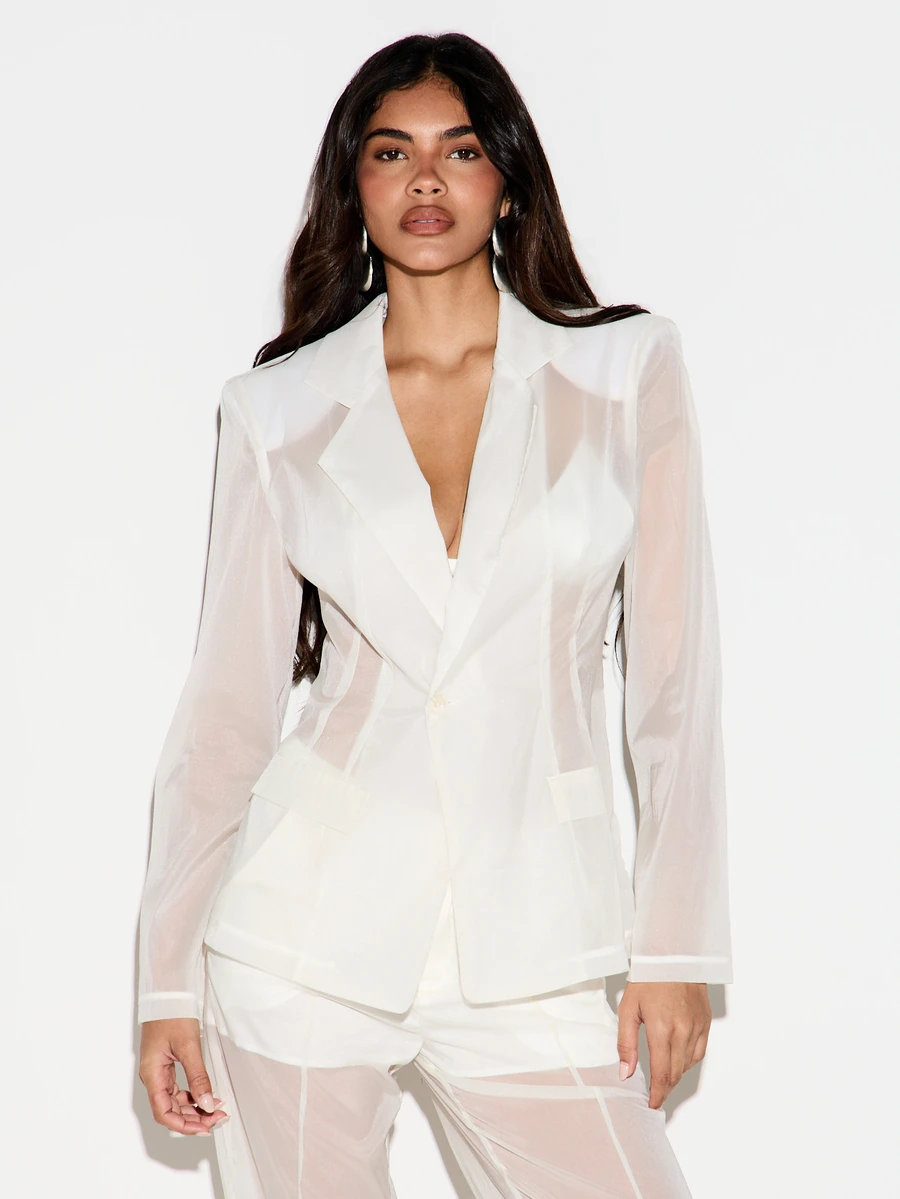 KIZN Sheer Organza Single Button Blazer Jacket With Lapel Collar Welt Pockets Long Sleeves Hip Length Semi-Transparent Summer Evening Outerwear - White - View 1