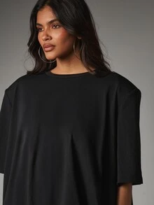 MISSGUIDED Blus Tenun Lengan Pendek Oversized dengan Kerah Bulat dan Hem Elastis, Potongan Kasual Santai, Atasan Longgar, Cocok untuk Musim Panas - Hitam - View 4