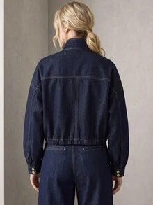 Rouah Women Funnel Neck Rinse Denim Jacket - AW26, FW26, FW26 Denim, Raw Denim Jacket, Dark Denim Jacket, Winter Denim, Premium Denim Jacket, Premium Jacket, Matching Jean Available, Denim Co-Ords - Blue - View 3