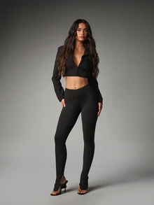 MISSGUIDED High Waist Stirrup Leggings With Split Ankle Detail Smooth Stretch Fabric Full Length Skinny Fit Pants For Evening And Night Out - Black - View 3