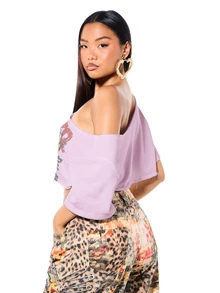SUMWON WOMEN Oversized Graphic Crop Top Off Shoulder Leopard Print Raw Hem Festival Street Style Summer Concert Tee - Baby Pink - View 2