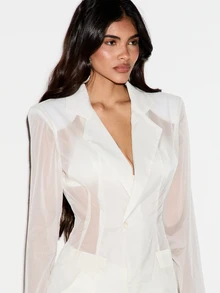 KIZN Sheer Organza Single Button Blazer Jacket With Lapel Collar Welt Pockets Long Sleeves Hip Length Semi-Transparent Summer Evening Outerwear - White - View 5