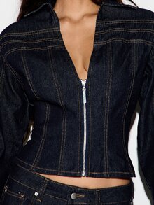 KIZN Jaket Denim Pendek dengan Resleting V Dalam, Jahitan Kontras, Kerah Tegak, Siluet Korset Pas Badan, Lengan Panjang, Musim Gugur/Musim Dingin - Biru - View 4