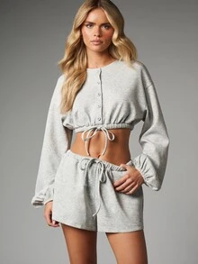 MISSGUIDED Cropped Sweatshirt And Mini Shorts Co-Ord Set With Button Placket Elasticated Waist Puff Sleeves Loungewear Two-Piece - Grey - View 1