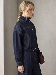 Rouah Women Funnel Neck Rinse Denim Jacket - AW26, FW26, FW26 Denim, Raw Denim Jacket, Dark Denim Jacket, Winter Denim, Premium Denim Jacket, Premium Jacket, Matching Jean Available, Denim Co-Ords - Blue - View 7