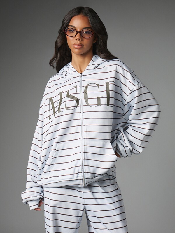 MISSGUIDED MSGI Oversized Full-Zip Hoodie Striped Long Sleeve With Large Logo Print Casual Streetwear Fall Winter