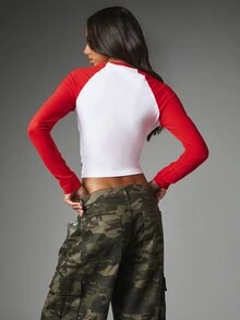 Missguided x Playboy Bunny Logo Crop Raglan Top With Red Contrast Long Sleeves And Crew Neck For Fall Winter - Multicolor - View 2