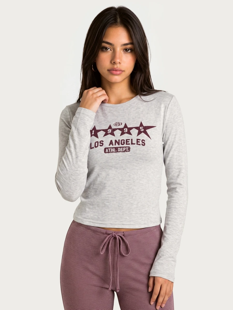 MISSGUIDED TEEN 灰色長袖圖案印花T恤,LOS ANGELES星星印花,圓領修身休閒日常基本上衣 - 淺灰色 - 查看 1