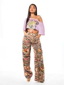 SUMWON WOMEN Oversized Graphic Crop Top Off Shoulder Leopard Print Raw Hem Festival Street Style Summer Concert Tee - Baby Pink - View 3