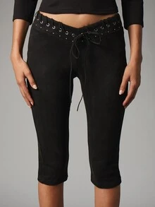 MISSGUIDED Celana Legging Capri Pinggang Rendah dengan Detail Tali Pengikat di Pinggang, Panjang Pendek, Bahan Elastis, Cocok untuk Musim Gugur dan Musim Dingin. - Hitam - View 4