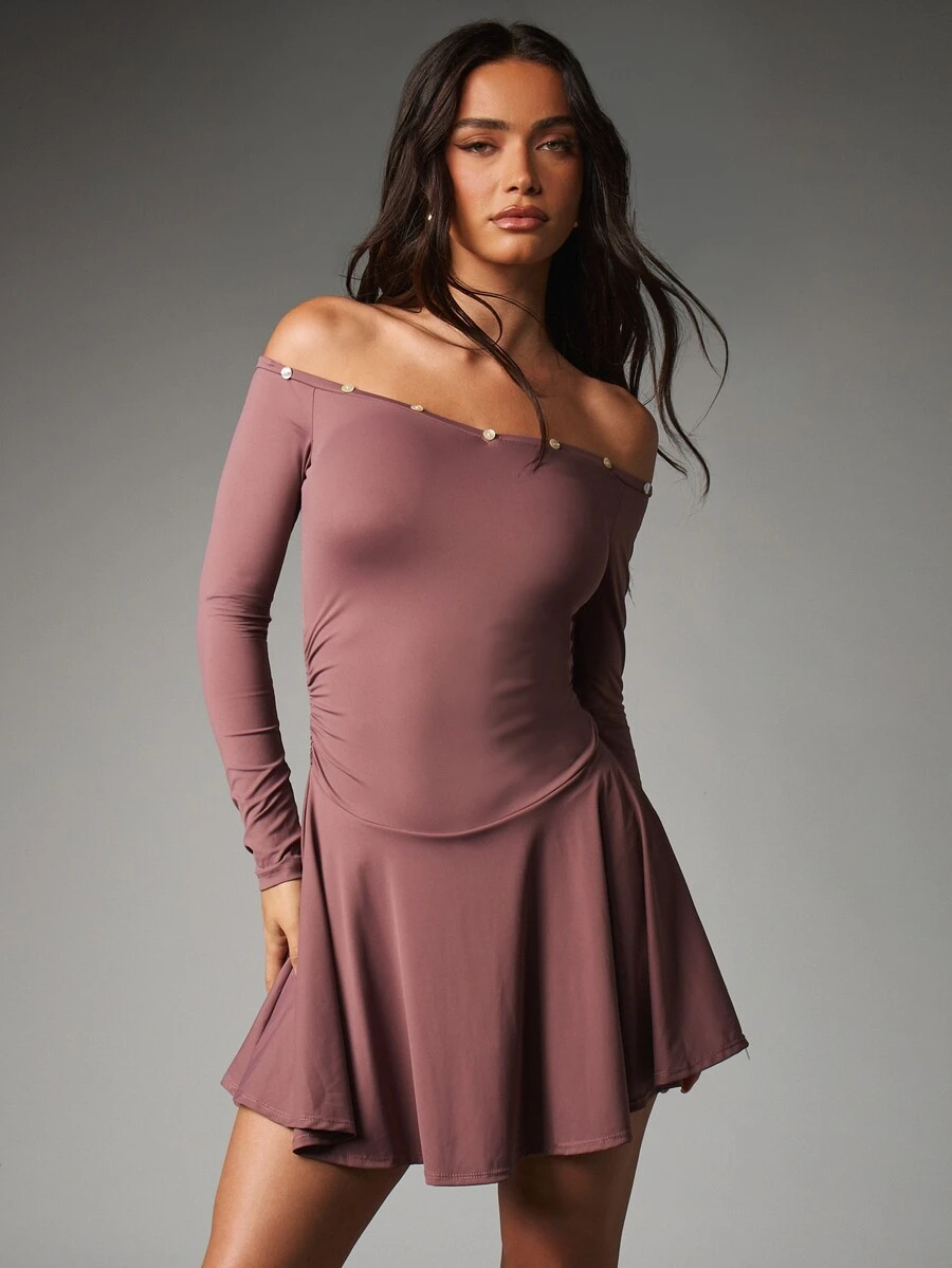 MISSGUIDED Off-Shoulder Long Sleeve Mini Dress With Pearl Button Trim Ruched Waist And Fit And Flare Silhouette Perfect For Date Night Party - Purple - View 1