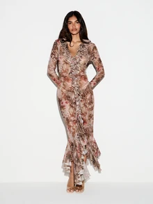 KIZN Chiffon Maxi Dress With Deep V-Neck Bell Sleeves Ruffle Trim Mixed Animal Floral Print Mermaid Silhouette Party Evening Holiday - Beige - View 4