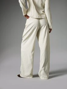 MISSGUIDED Pinstripe Wide Leg Casual Pants With Elasticated Drawstring Waist Full Length Side Pockets Spring Summer Office Style - White - View 2