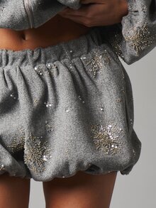 MISSGUIDED Embellished Wool Blend Mini Shorts With Beaded Snowflake Sequin Motifs Elasticated Waist Holiday Party Festive Season - Grey - View 6