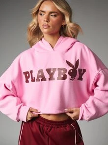 Missguided x Playboy Cropped Oversized Hoodie With Bold Front Logo Print Hooded Long Sleeve Cozy Fleece Sweatshirt Fall Winter - Pink - View 1