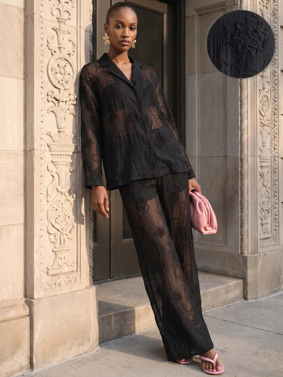 Rouah Women's Solid Color Single-Breasted Lace Mesh Long Sleeve Top And Pants Set - Autumn Set, Fall 2 Piece Set, 2 Piece Autumn Set, Lined Set, Vacay Set, Winter Sun Set, Long Sleeve Top For Fall, Fall Outfit - Black - View 1