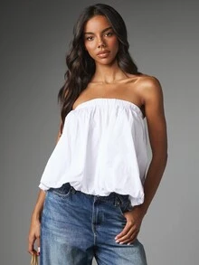 MISSGUIDED Atasan Crop Tanpa Tali dengan Hem Gelembung dan Garis Leher Berkerut, Model Longgar dan Mengalir, Atasan untuk Musim Panas, Festival, Acara Malam, Pesta. - Putih - View 1