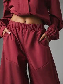 MISSGUIDED Celana Parasut Kaki Lebar dengan Pinggang Elastis dan Kantong Samping, Celana Panjang Kasual Ringan untuk Musim Gugur dan Musim Dingin, Pakaian Jalanan - Burgundy - View 5