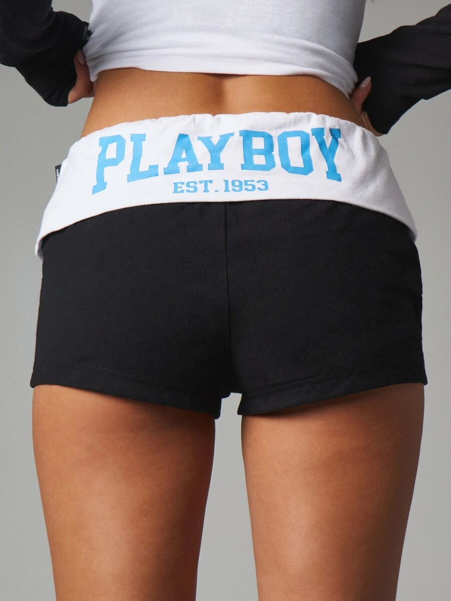 Missguided x Playboy Est. 1953 Celana Pendek Mini Low Rise Hot Pants dengan Logo di Pinggang Celana Pendek Pesta Musim Panas Festival - Hitam dan Putih - View 1