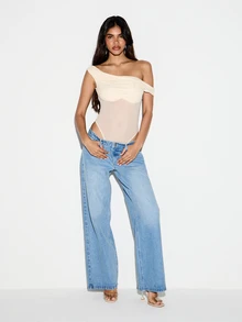 KIZN Bodysuit jala satu bahu dengan detail leher berkerut dan kawat penyangga, sempurna untuk acara malam dan pesta musim panas. - Aprikot - View 3