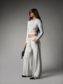 MISSGUIDED Wide Leg Knit Lounge Pants With Side Stripe Detail Drawstring Waist And Full Length Relaxed Fit For Casual Everyday Wear - Light Grey - View 5
