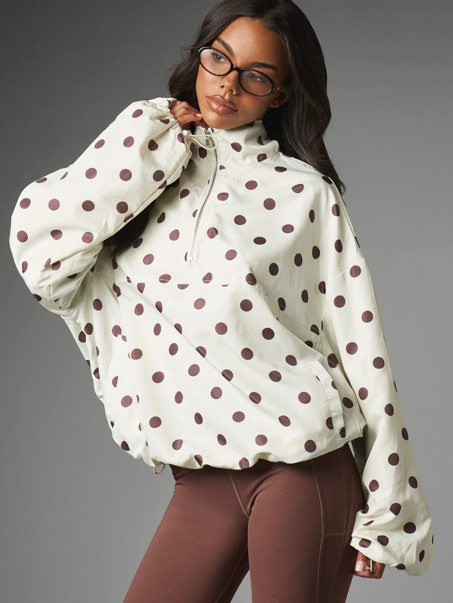 MISSGUIDED Oversized Polka Dot Half-Zip Pullover Jacket With Stand Collar And Elasticated Cuffs Perfect For Autumn Winter Layering - Multicolor - View 1