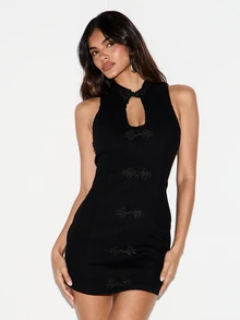 KIZN Bodycon Mini Dress With High Neck Keyhole Cutout And Frog Closure Embroidery Detail Sleeveless Party Night Out - Black - View 1