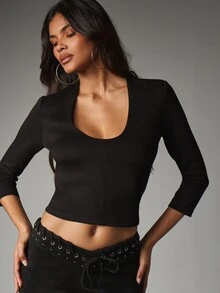 MISSGUIDED Scoop Neck 3/4 Sleeve Crop Top With Lace-Up Corset Back Detail Metal Eyelets Form-Fitting Stretch Knit - Black - View 5