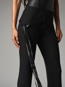 MISSGUIDED High Rise Flared Dress Pants With Faux Leather Fringe Detail And Smooth Knit Fabric For Evening Party And Holiday Season - Black - View 4