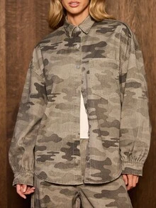 AiiRZ Oversized Camouflage Denim Shacket With Snap Button Closure Chest Pocket And Elasticated Cuffs Fall Winter Layering Jacket - Multicolor - View 5