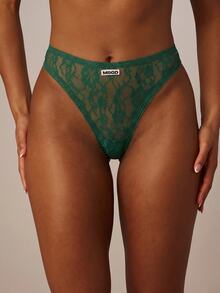 MISSGUIDED Floral Lace Thong With Logo Detail, High Cut Leg, Sheer Mesh Overlay, Perfect For Valentine's Day And Date Night - Dark Green - View 3