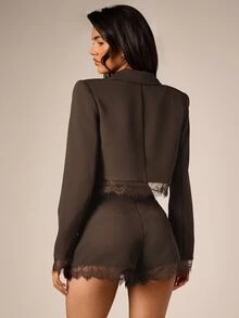 AiiRZ Cropped Blazer With Lace Trim Hem Single Button Notch Lapel Long Sleeve Structured Jacket Fall Winter Party - Brown - View 3