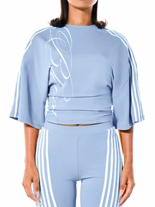 SUMWON WOMEN Oversized Crop Tee With Three-Stripe Detail And Script Logo Print Boxy Fit Round Neck Half Sleeve Casual Top - Baby Blue - View 6