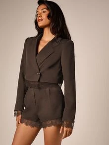 AiiRZ Cropped Blazer With Lace Trim Hem Single Button Notch Lapel Long Sleeve Structured Jacket Fall Winter Party - Brown - View 5