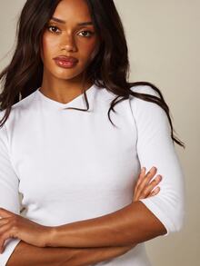 MISSGUIDED Ribbed Crop Top With Three Quarter Sleeves And Crew Neckline Fitted Stretch Knit Everyday Essential Spring Summer Layer - White - View 5
